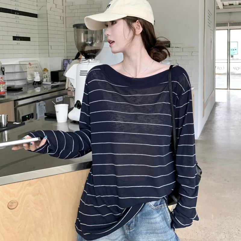 韩系宽松慵懒风条纹T恤女2025早秋新款时尚百搭显瘦通勤长袖上衣