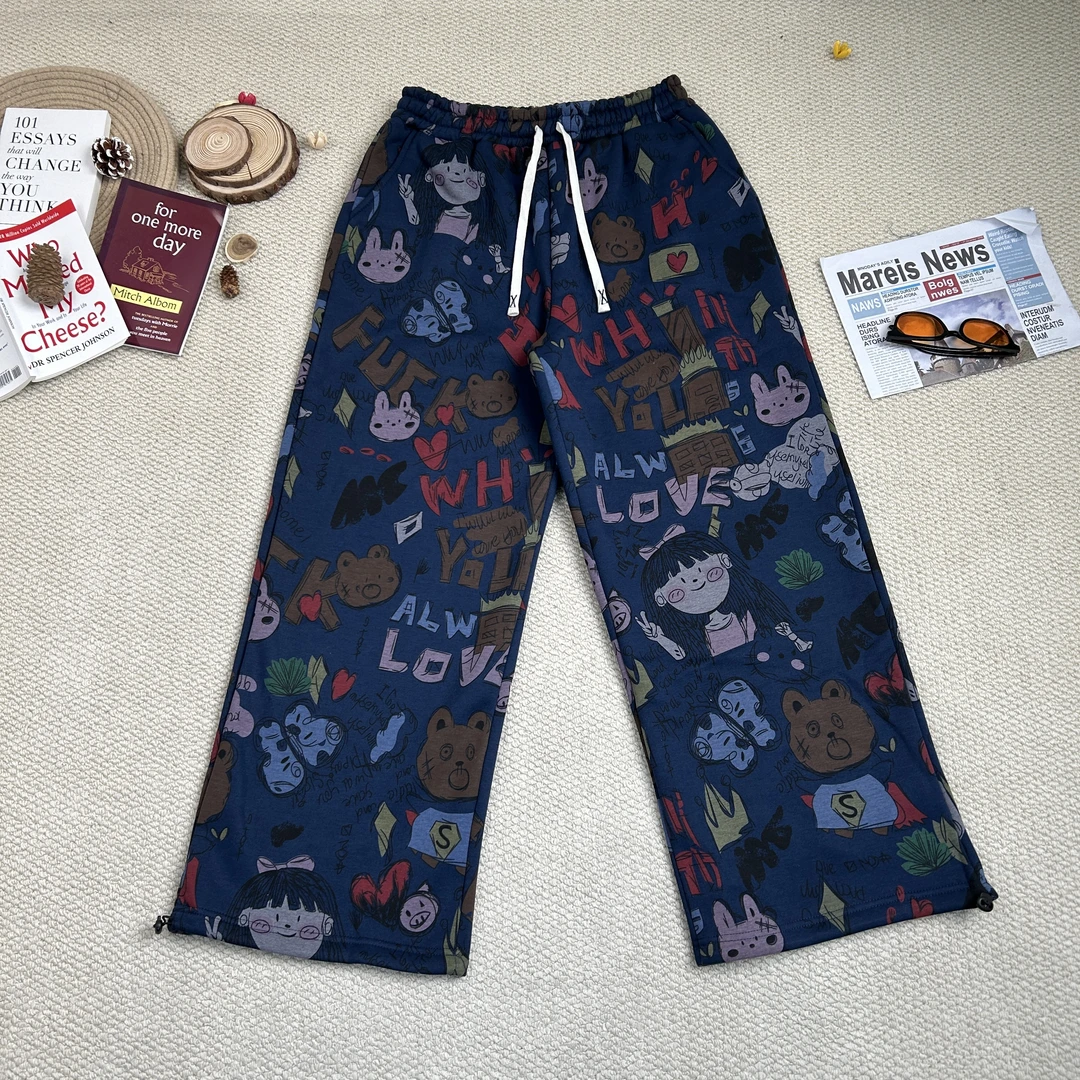 2025早春新款百搭卡通印花加绒加厚休闲裤8708