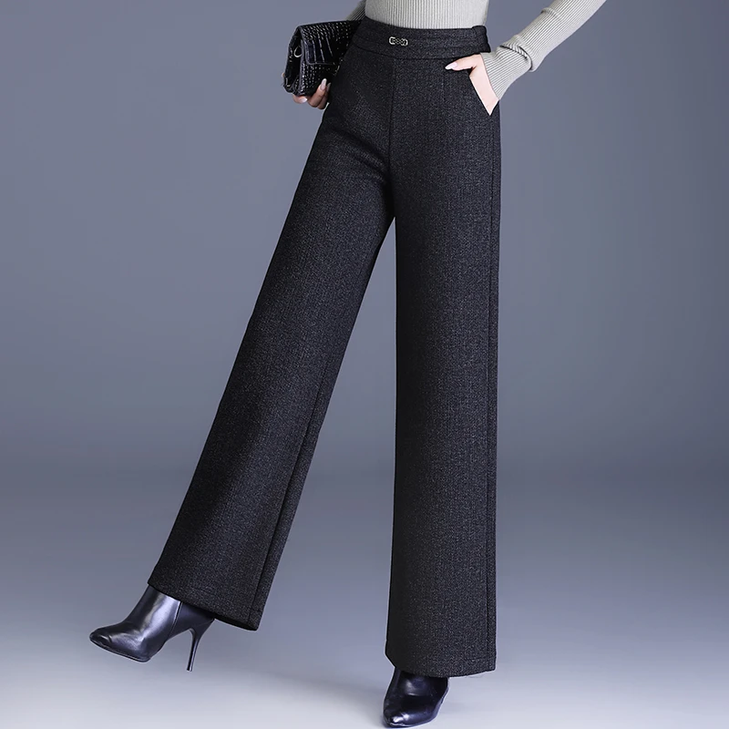 加绒加厚羊毛呢窄版阔腿裤女秋冬季宽松直筒裤今年流行休闲裤