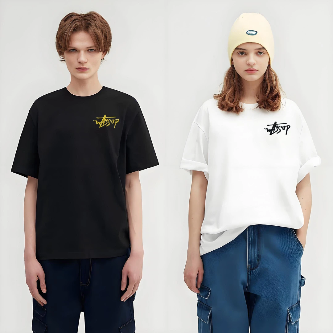 KT[万针刺绣]美式潮牌高街T恤男女同款宽松百搭圆领短袖-w