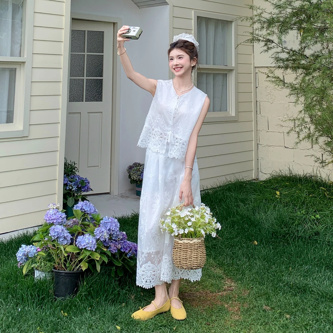 法式复古浪漫蕾丝套装裙女夏2025新款温柔风流苏马甲半身裙两件套