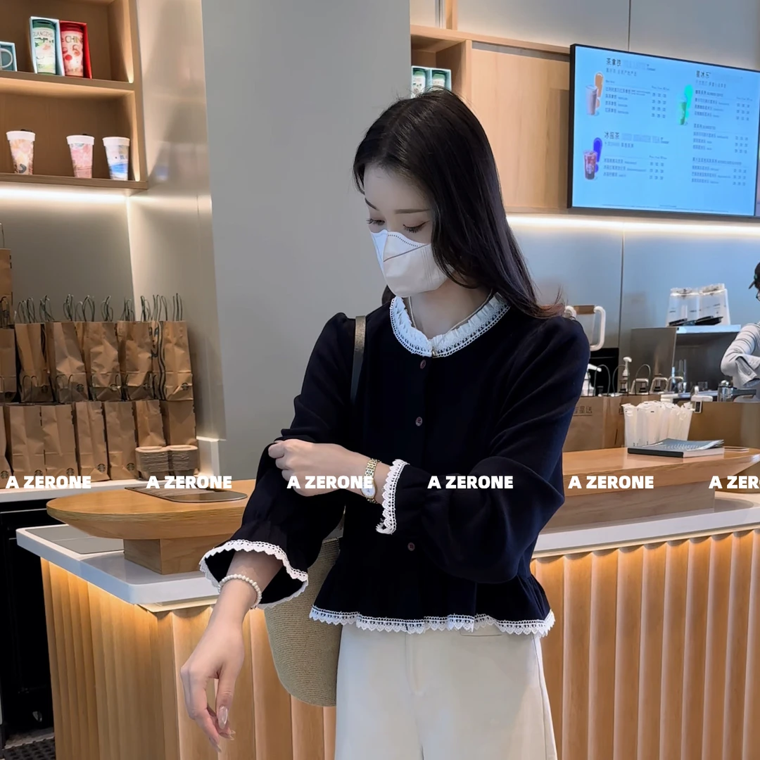 BK 新款时尚气质百搭花边拼接开衫女设计感上衣
