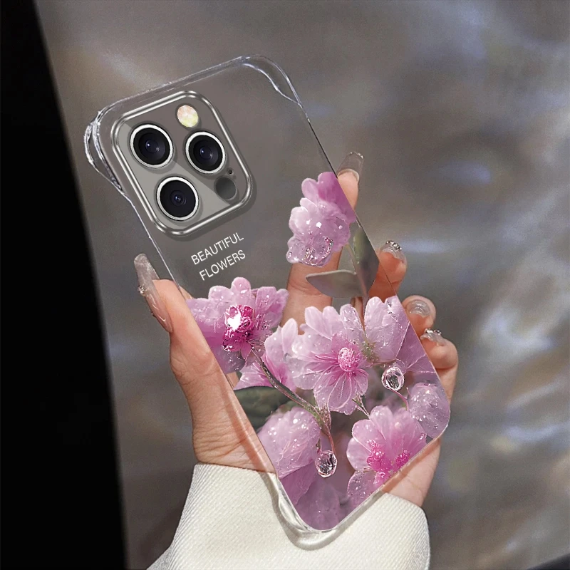 适用于苹果15Promax水晶花无边框支架手机壳