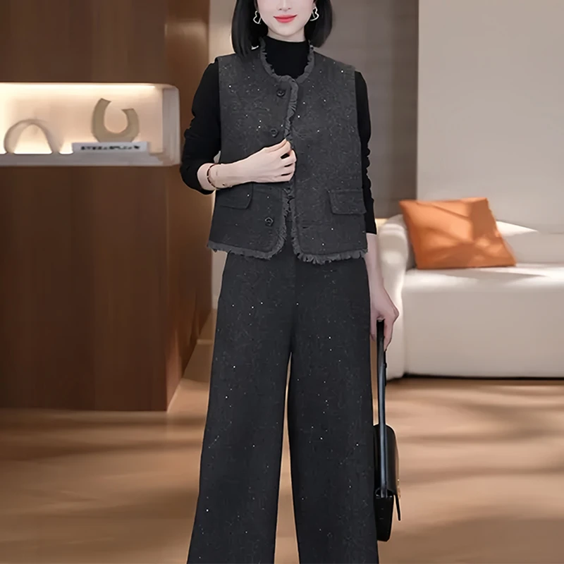 小香风时尚套装女2025秋季新款气质名媛高腰显瘦马甲阔腿裤三件套