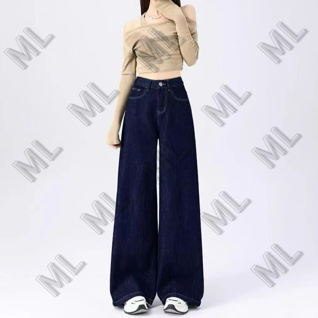 丹宁蓝+黑色 宽松阔腿牛仔裤女秋冬直筒垂感显瘦高