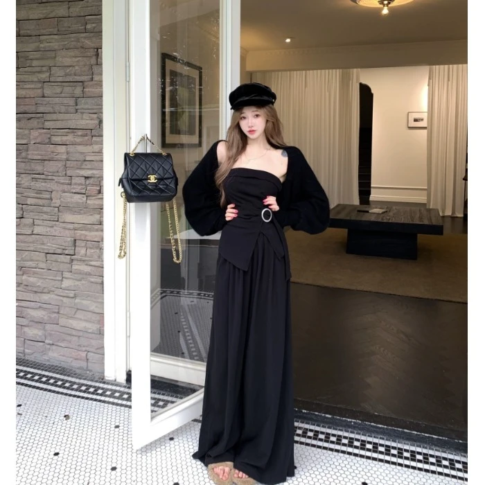 纯欲风时尚套装宽松长袖外套内搭抹胸背心女秋季显瘦休闲裤三件套