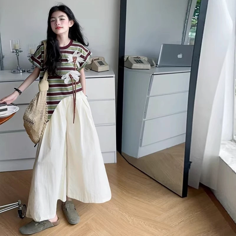 女童夏季套装2025新款儿童时髦洋气条纹个性T恤休闲阔腿裤两件套