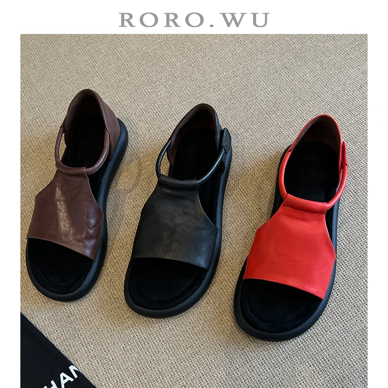 娆娆吴·水洗牛皮休闲夏季露趾凉鞋扣带增高纯色百搭凉鞋A11