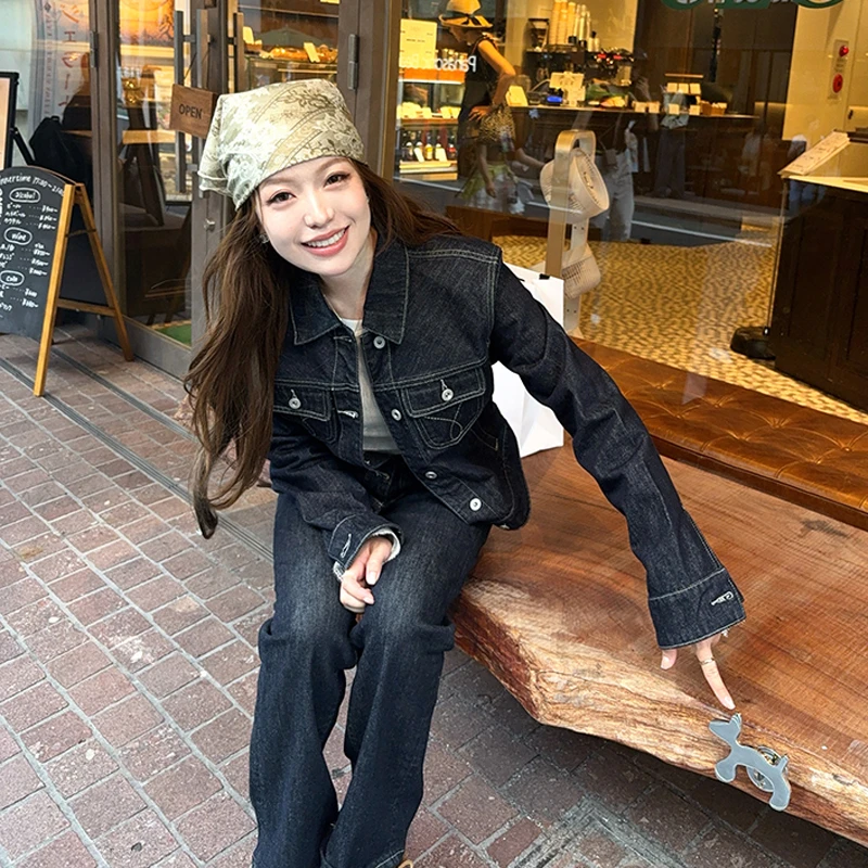 复古美式原牛深蓝牛仔套装撞色牛仔外套修身显瘦直筒裤时尚两件套