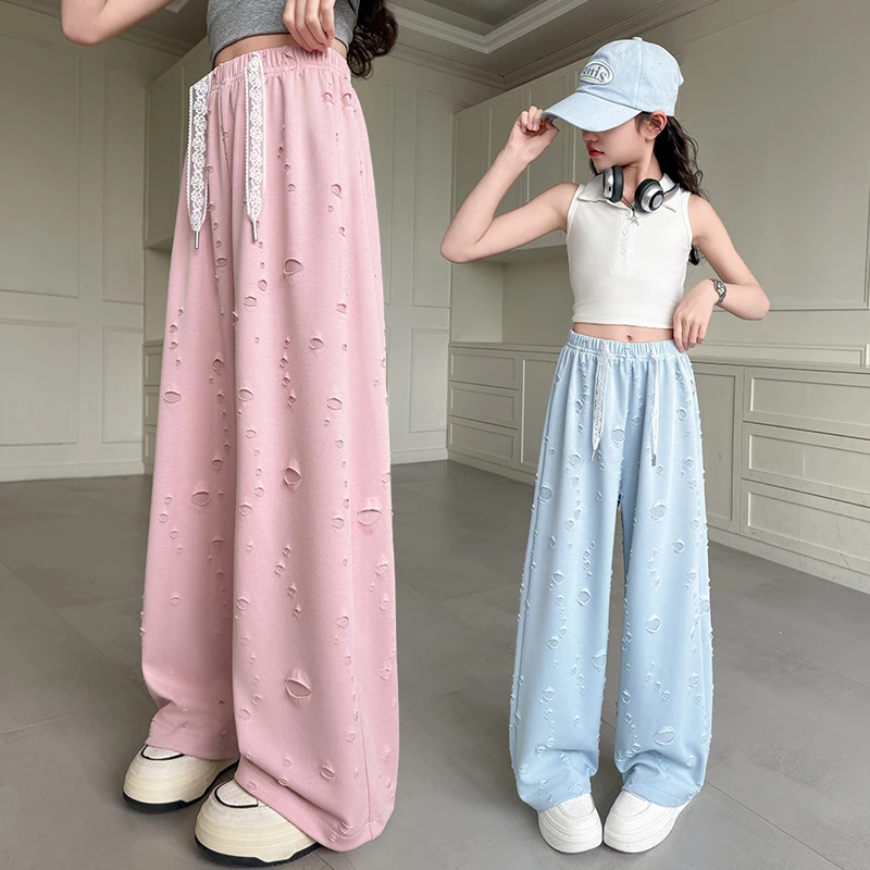 女童夏季2025新款破洞阔腿裤儿童外穿垂感显瘦宽松直筒拖地裤穿搭