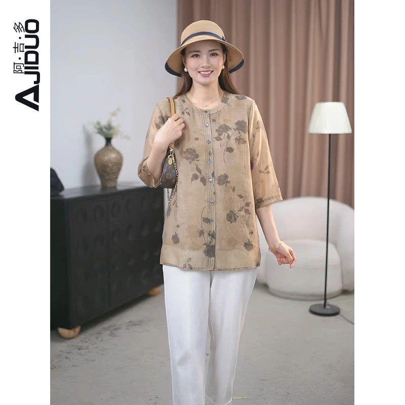 阿吉多A31275复古新中式衬衫女2025年夏季新款高档气质妈妈装上衣