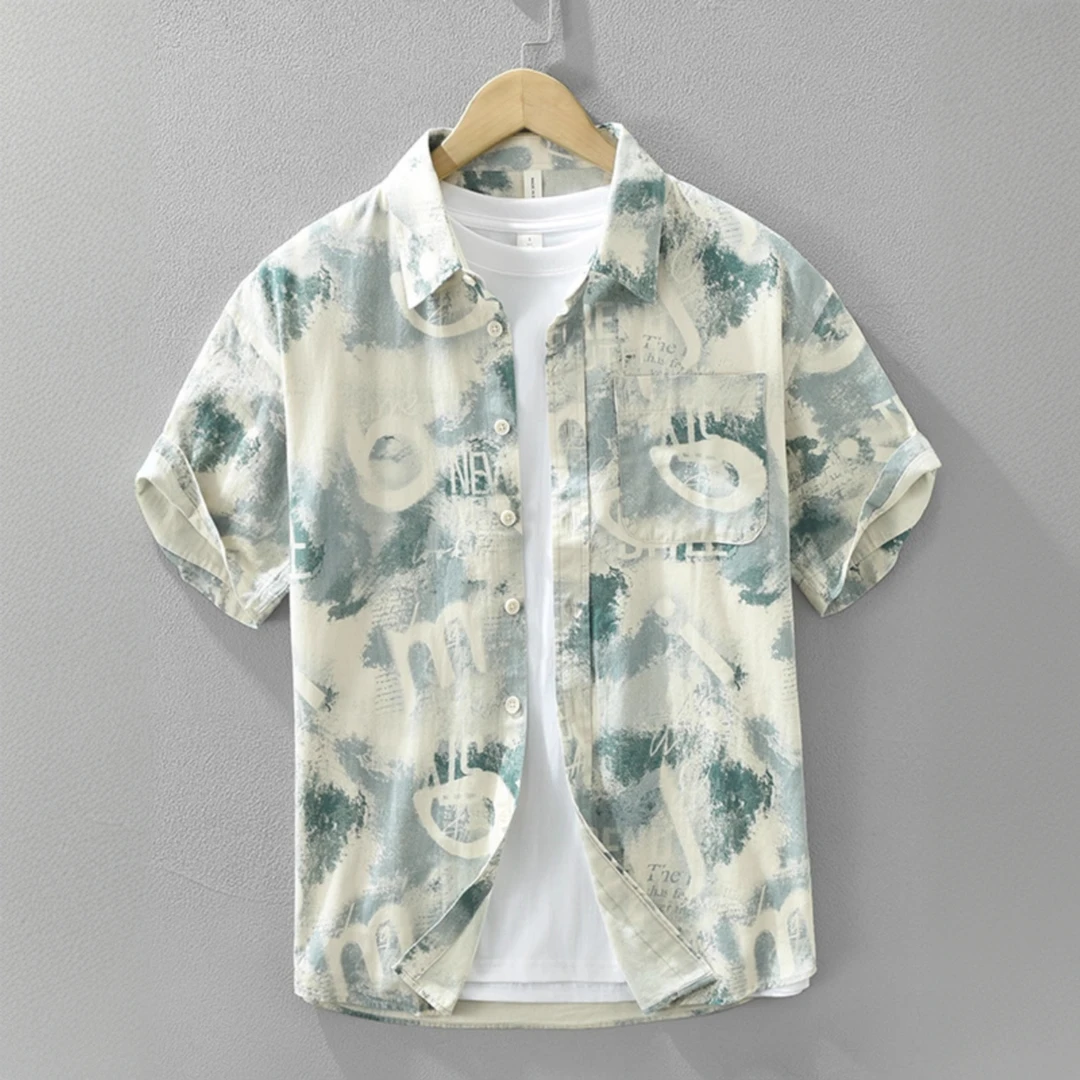 Cebrodz日系满印花色短袖衬衫男夏季宽松纯棉翻领半袖工装衬衣