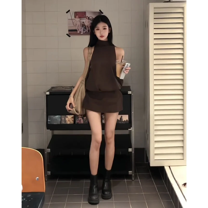 2025夏季新款女法式高级感修身圆领无袖薄款上衣高腰显瘦百搭裙裤