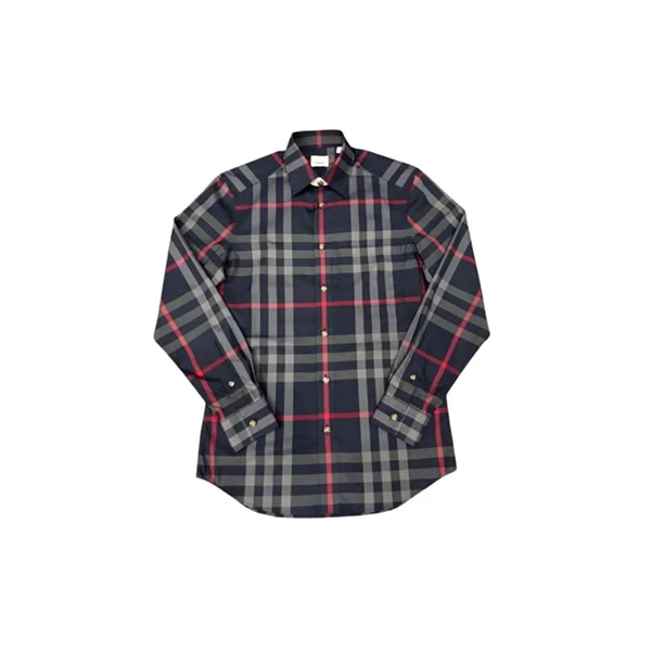 【法国直邮】Burberry博柏利男士海军蓝拼色格纹印花单排扣衬衫