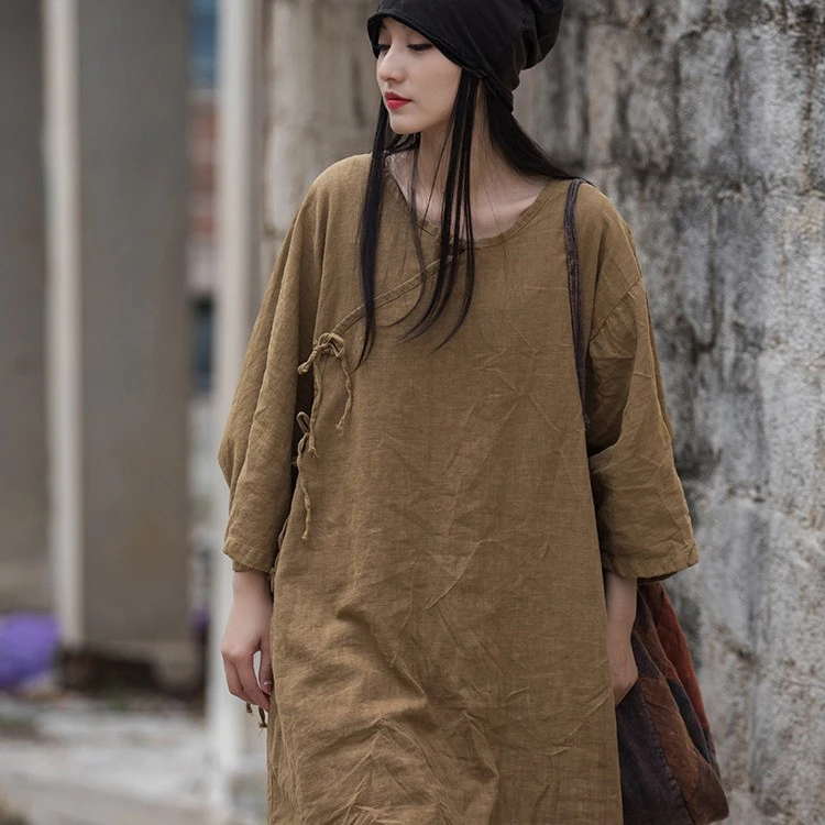 套头砂炒圆领系带做旧宽松T恤中长款纯色复古风