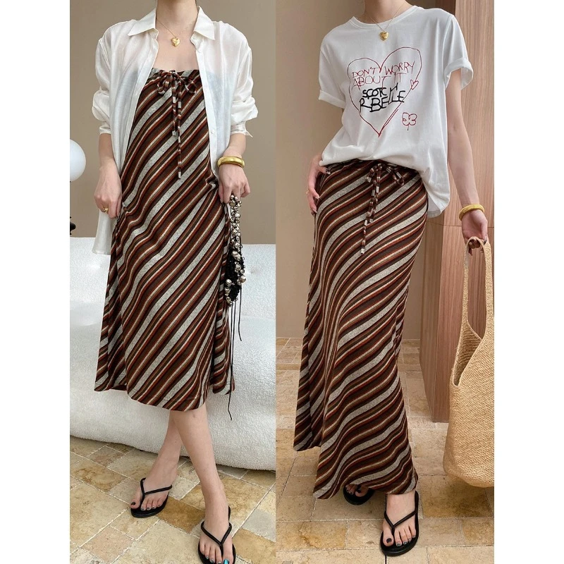 《雪儿老板娘专享》两穿法慵懒斜条纹抽绳松紧高腰A字半身裙 SN7476