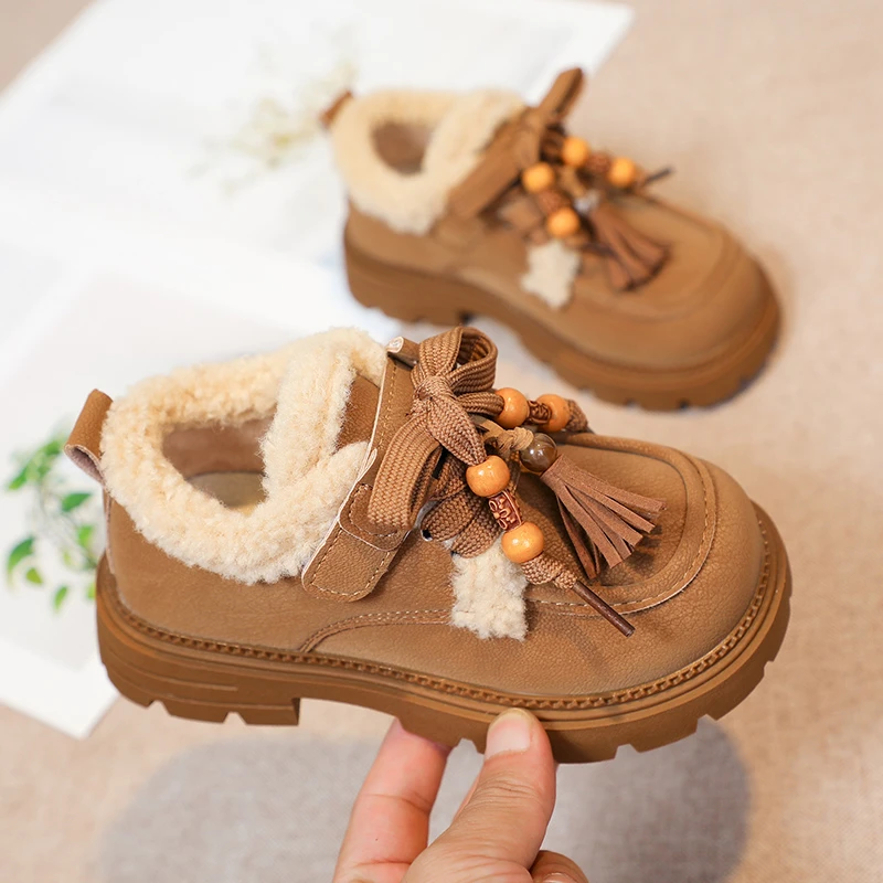 女童真皮棉鞋2025新款秋冬季二棉时尚百搭防滑软底公主宝宝加绒鞋