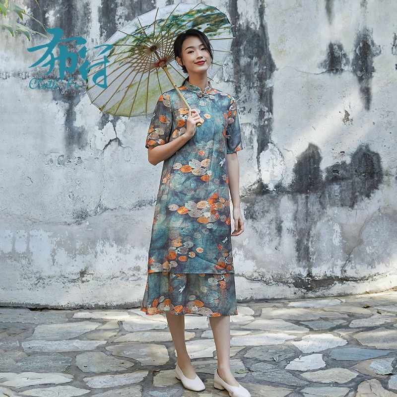 IXQP6 布符新款原创中国风印花时尚气质显瘦简单复古双层连衣裙女