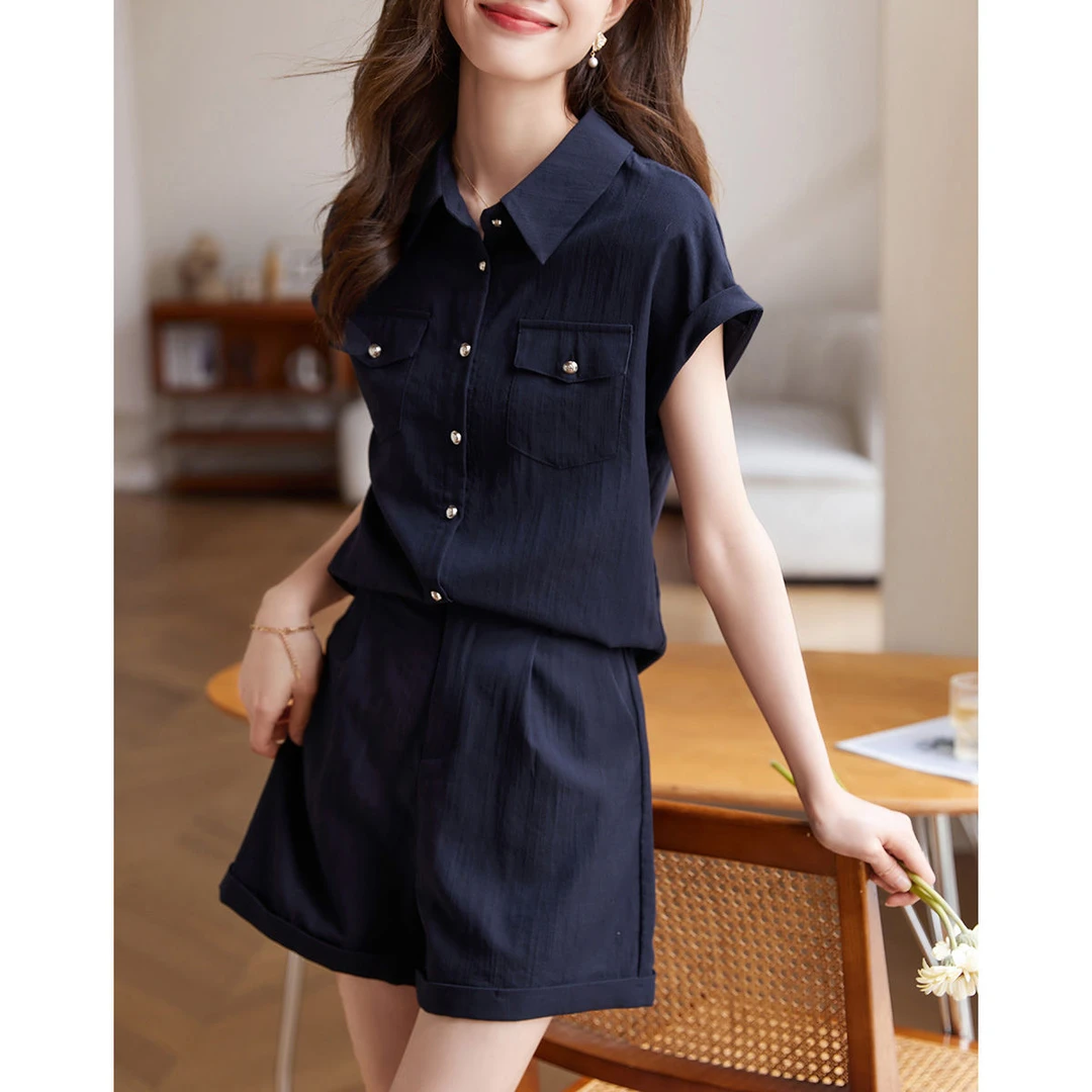 2025夏季新款气质显瘦套装女休闲时尚短袖衬衫上衣阔腿短裤两件套