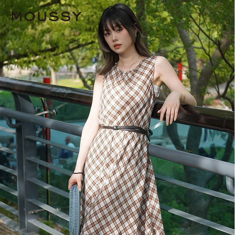 MOUSSY 2025夏季新品复古港风菱格纹无袖连衣裙女028ISA33-3961