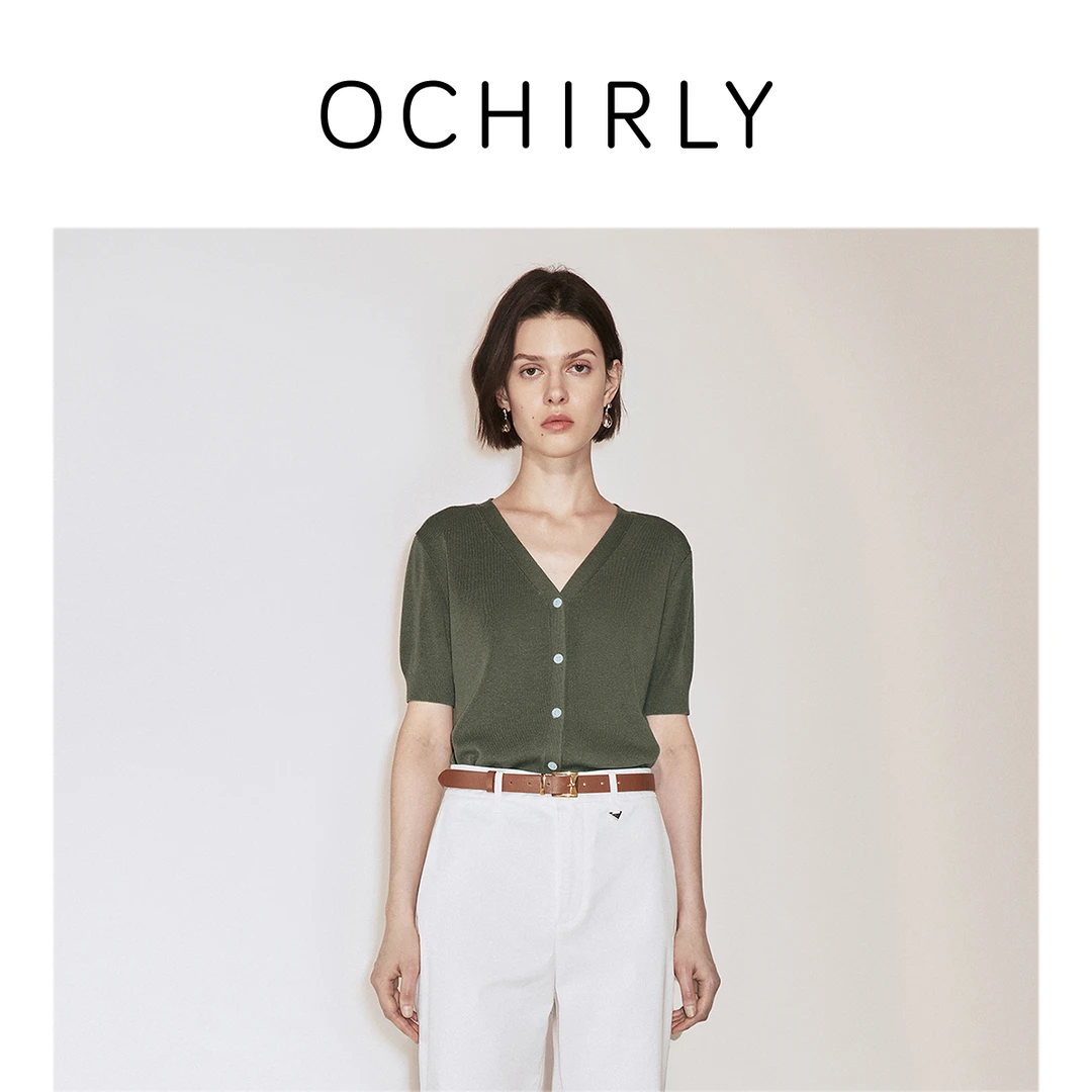 ochirly欧时力 莱赛尔亚麻混纺短袖针织外套女新款上衣流光风