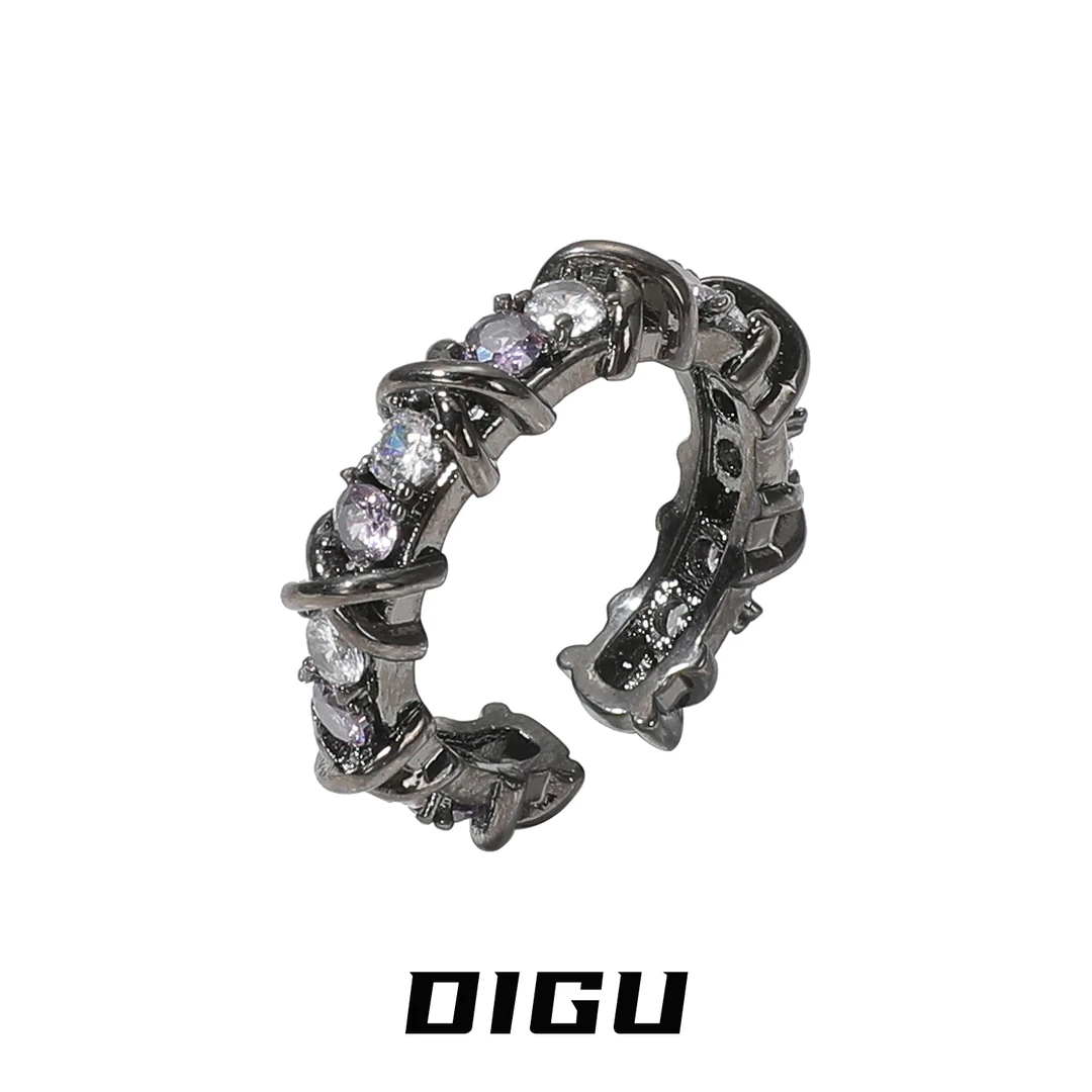 嘀咕家 铜合金合成锆石戒指 暗黑风镶钻戒指独特开口食指戒手饰