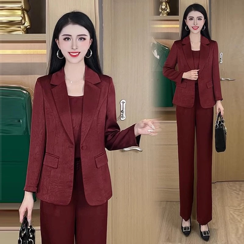 垂感阔腿裤西服套装女2025年春秋季新款气质仿冰丝缎面西服三件套
