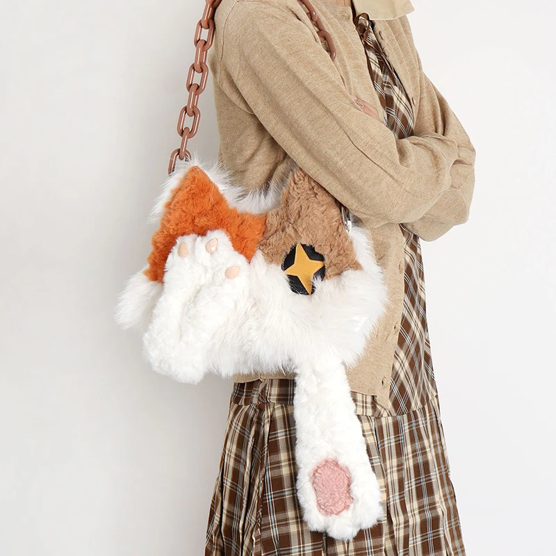 苏小塔软萌可爱捂脸三花猫咪包秋冬小众设计毛绒绒女生腋下斜挎包