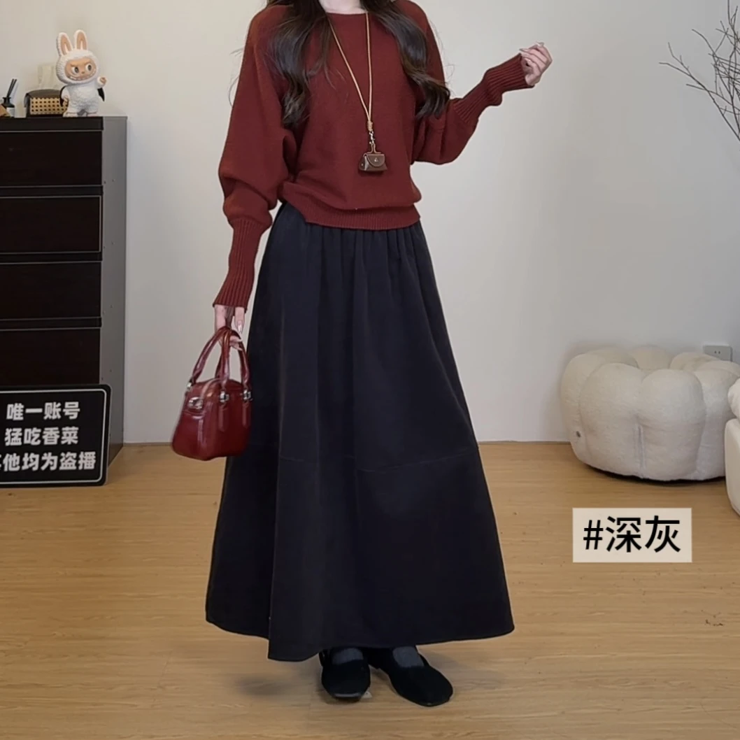 韩系设计感灯芯绒弯刀裙秋冬糖果色松紧腰带口袋半身裙