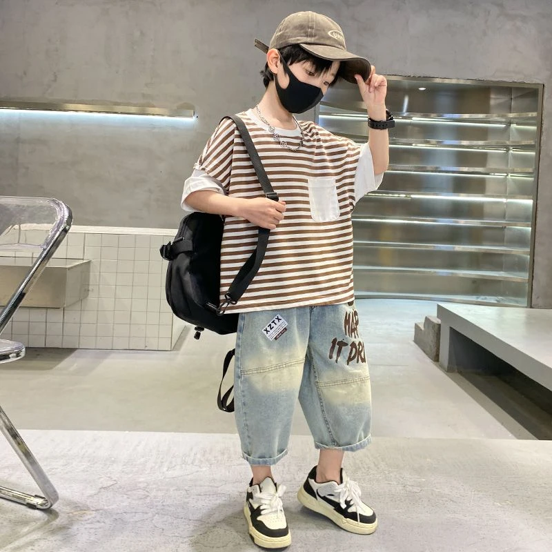 男童短袖套装夏中大童帅气宽松纯棉条纹T恤五分牛仔短裤两件套潮