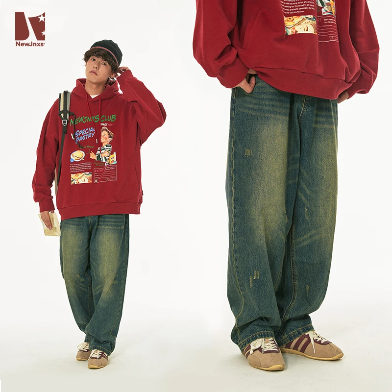 江南先生美式复古工装直筒加绒牛仔裤男女JN33X08