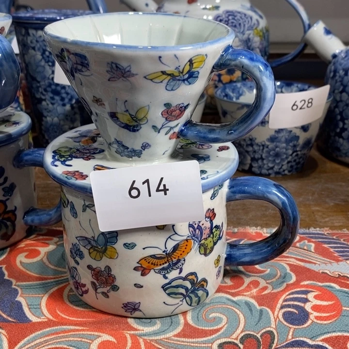 青花瓷景德镇手绘蝴蝶咖啡漏套组