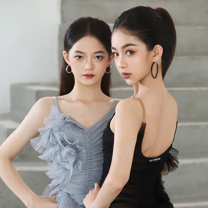 星辰舞服「幻梦」连体褶皱纱无袖吊带修身拉丁舞练功服