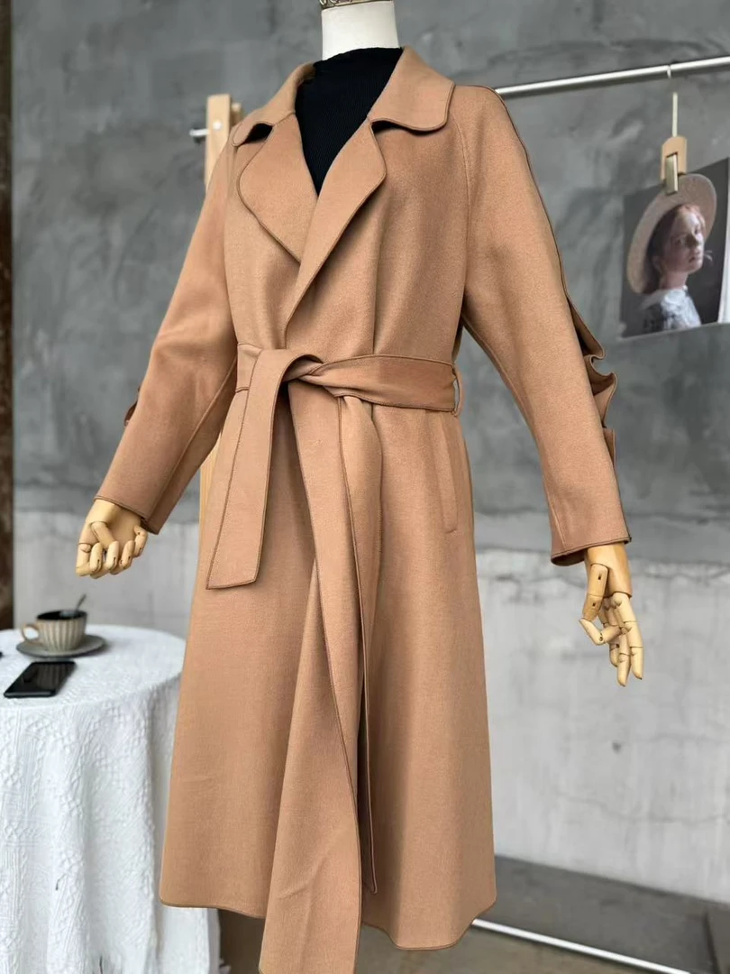 100%羊毛25秋冬韩新款女新款大衣羊毛秋冬细带时尚毛呢大衣裙摆