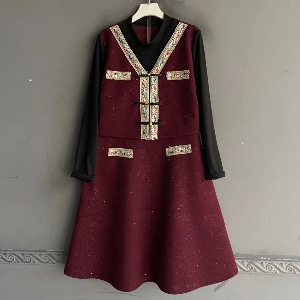 大码女装胖mm国风盘扣刺绣镶边显瘦气质复古连衣裙女