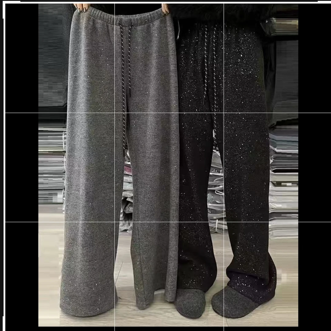 新款冬季垂感慵懒0525凤枝大码女装冬款拉绒直筒裤 长105约