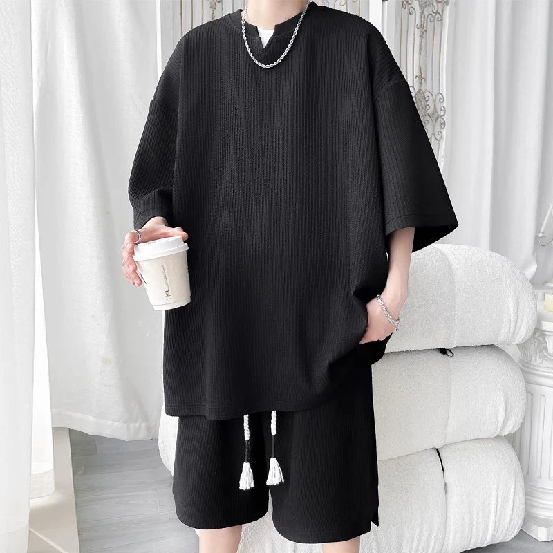 高级感男装夏季2025新款大码时尚冰丝休闲运动套装短裤短袖男t桖