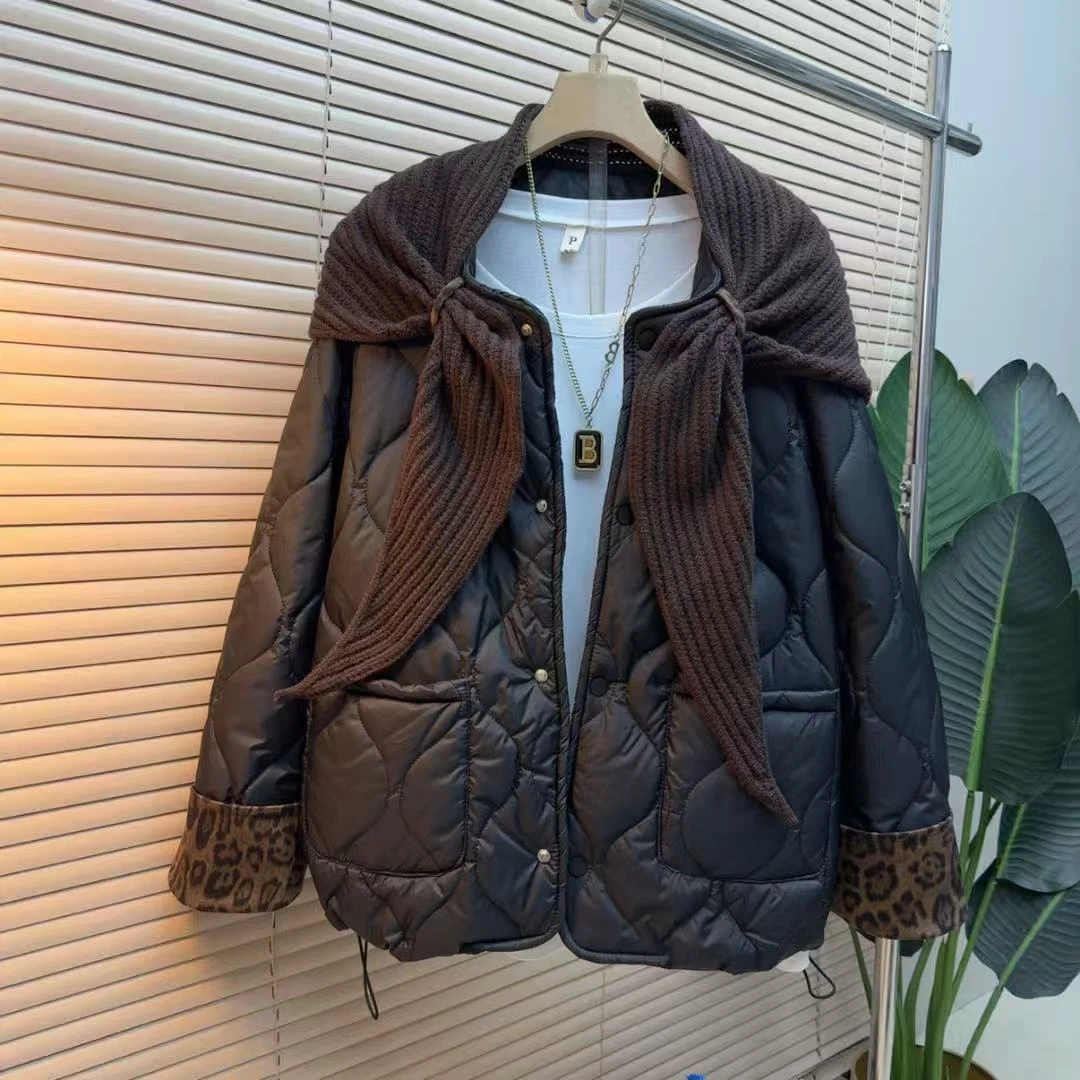 胖mm欧货时尚气质显瘦韩版轻松法式领巾880宽松拼接百搭棉服