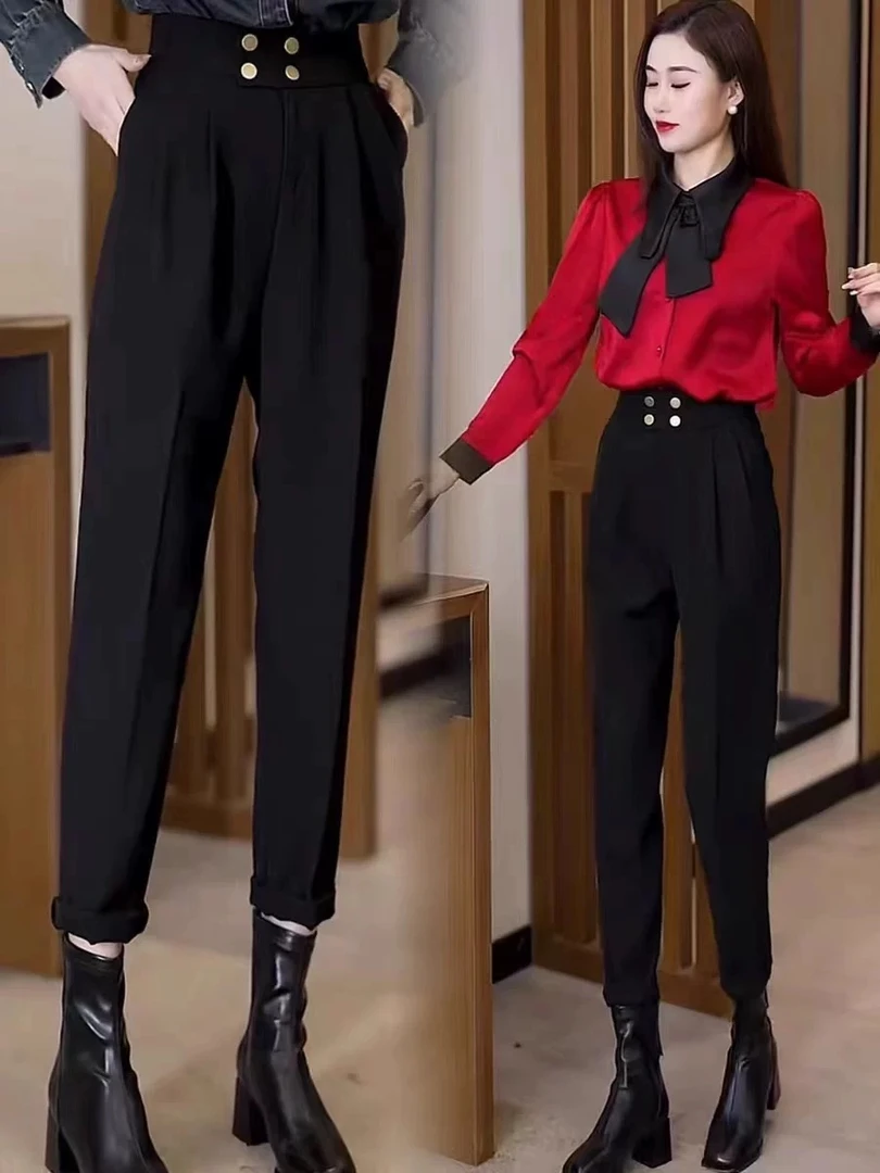 (微瑕少颗扣子)哈伦萝卜女高腰休闲西裤烟管小脚裤5222#裤长92