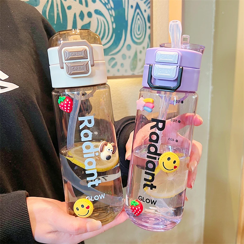 简约清新运动双饮带吸管塑料杯男女可爱水杯便携学生便携随手杯子