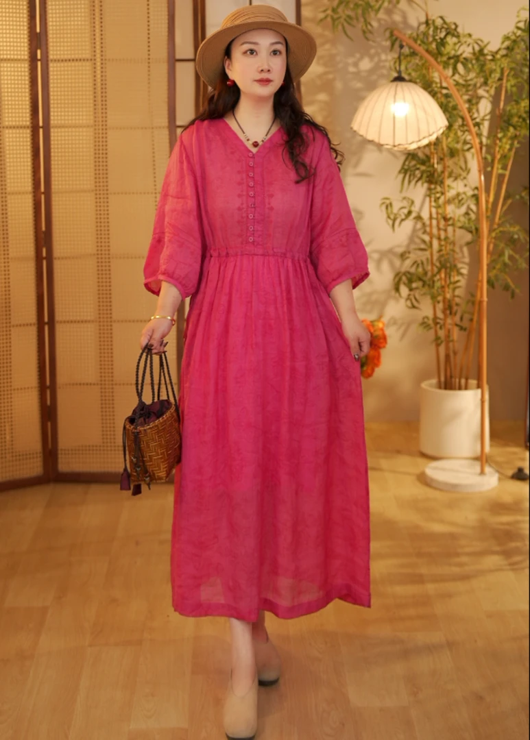 【玫红色】新款100%纯苎麻洋气显瘦绣花气质宽松收腰连衣裙