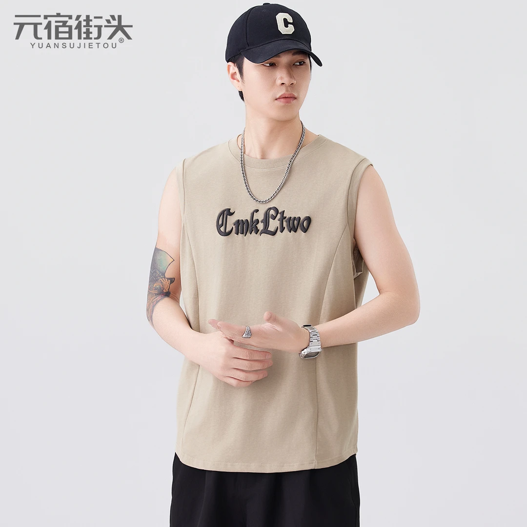 无袖背心男士夏季新款潮牌纯棉健身篮球运动坎肩男装白色短袖t恤