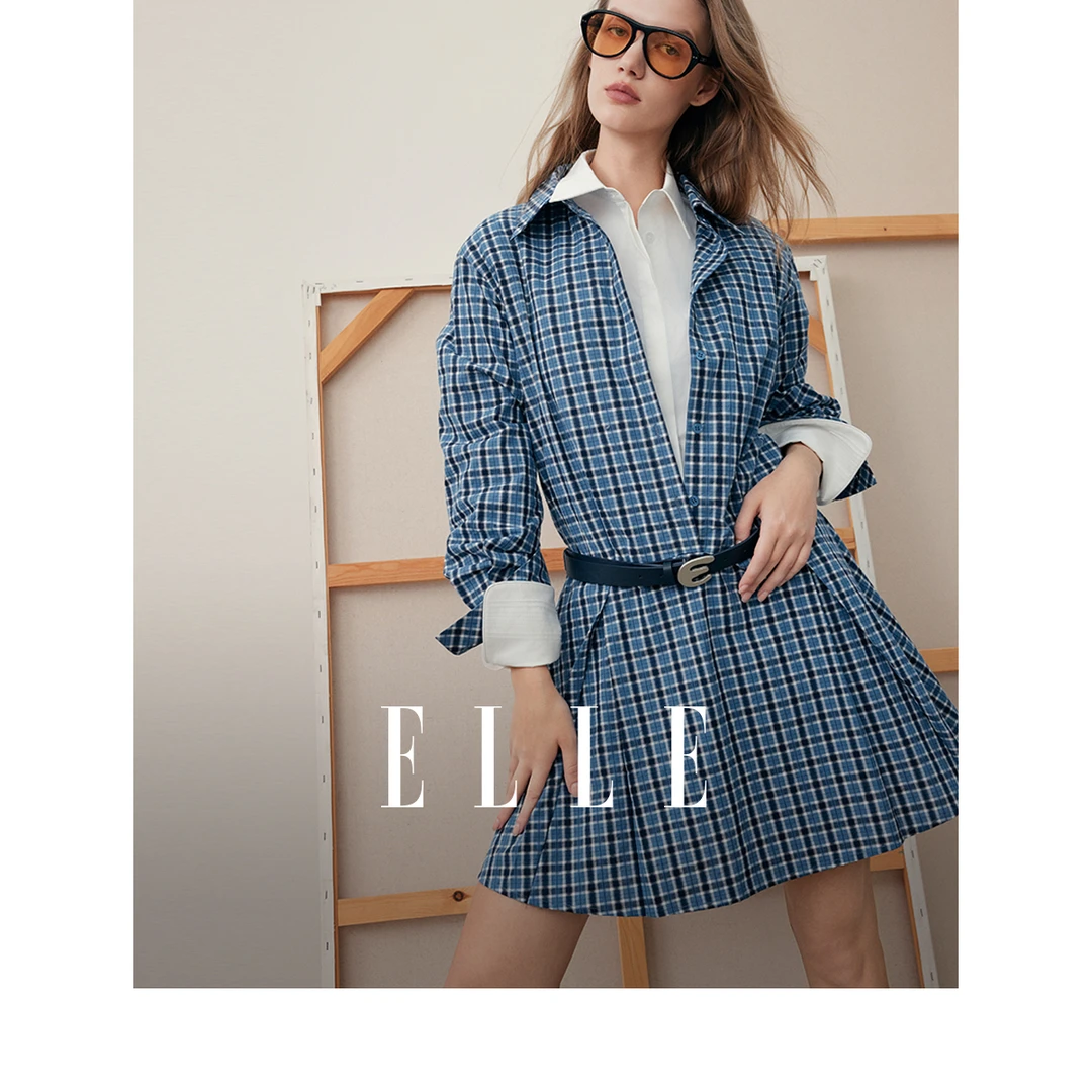 ELLE法式腰带格纹长袖连衣裙女2025秋季新款收腰通勤短裙EL51908