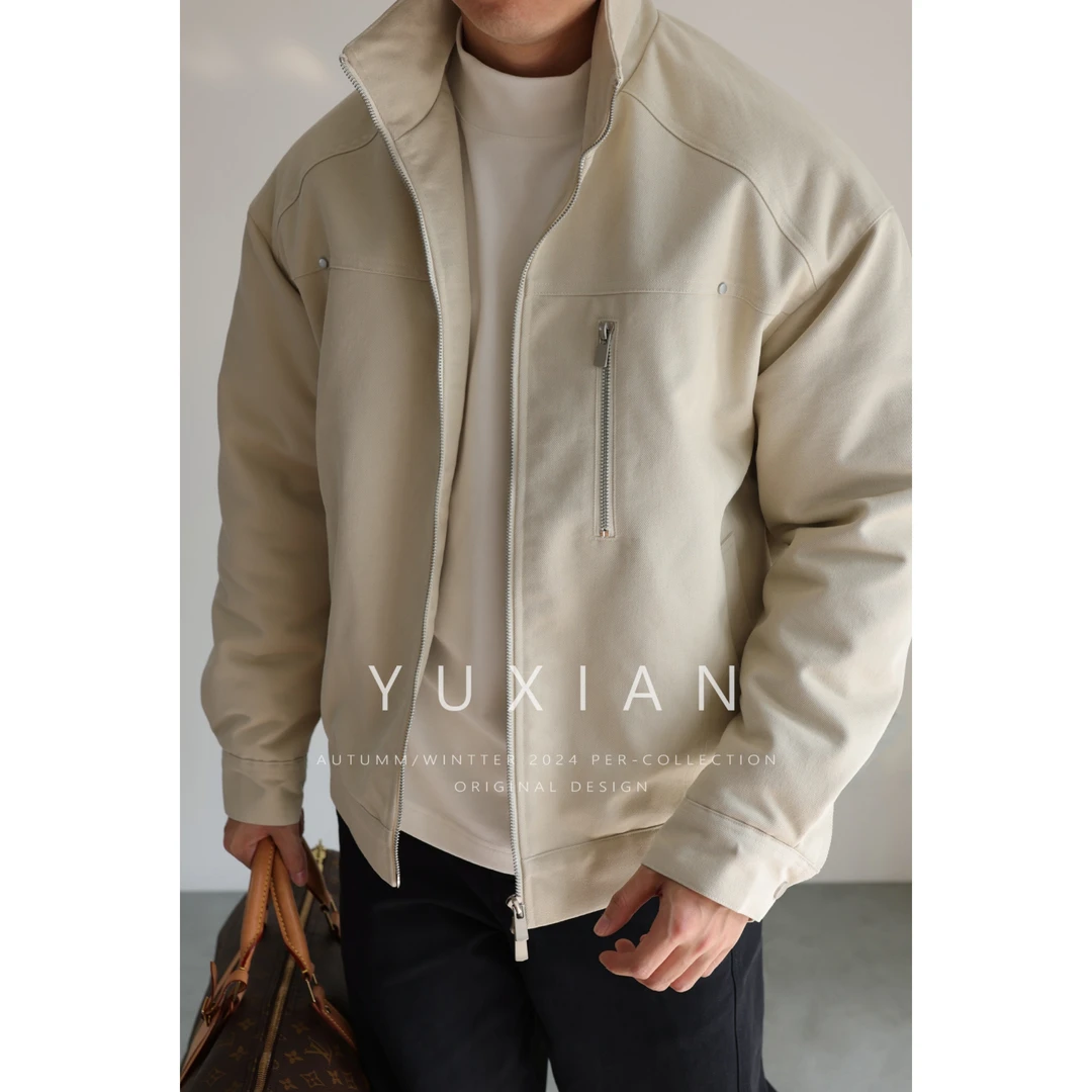 YUXIAN冬季斜纹工装小立领夹克棉服加厚保暖休闲商务外套简约男士