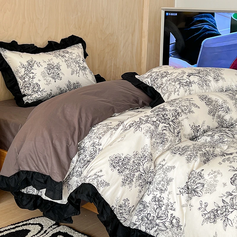 田园复古风曲水兰亭床上四件套纯棉100%全棉被套床单床笠四季通用