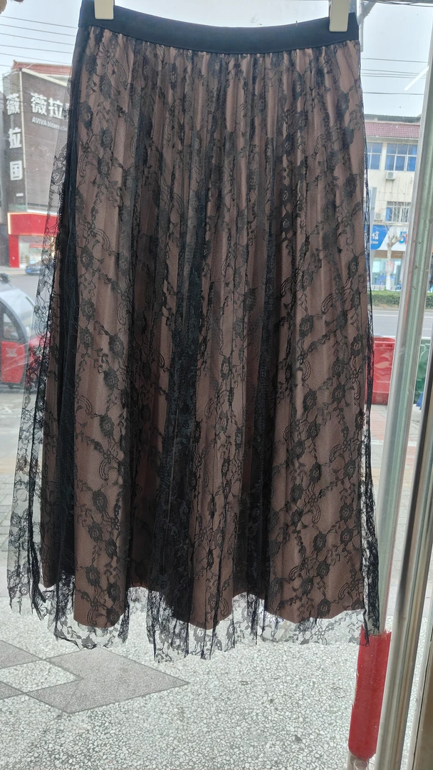 蕾丝半身裙女优雅气质百褶设计遮胯显瘦中长款大摆裙春秋款