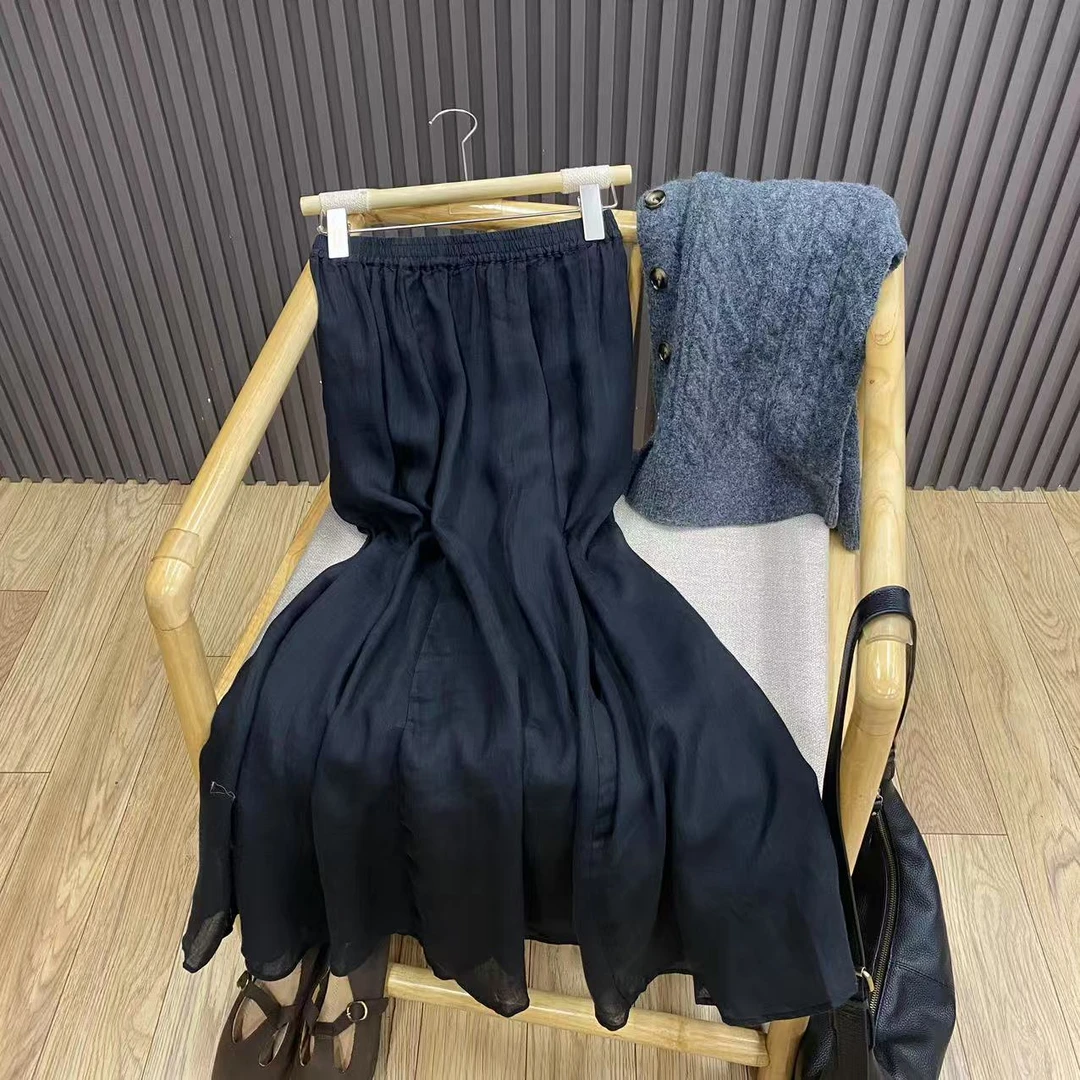 高腰苎麻碎花半身裙复古文艺油画风印花中长款A字裙女Q88022