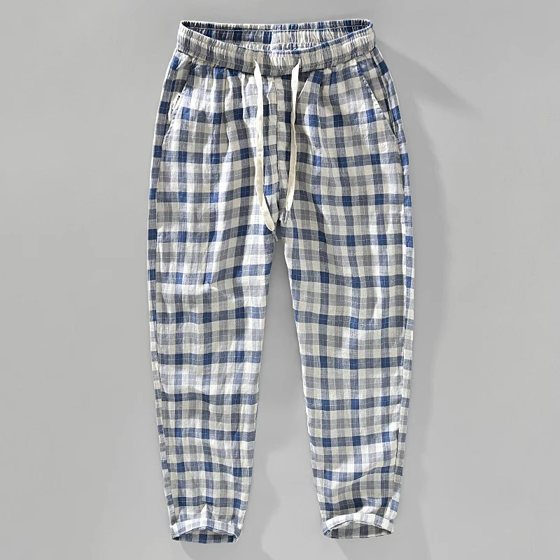 埃卢涅芬夏季复古格子亚麻九分裤男士休闲棉麻裤宽松直筒薄款纯麻