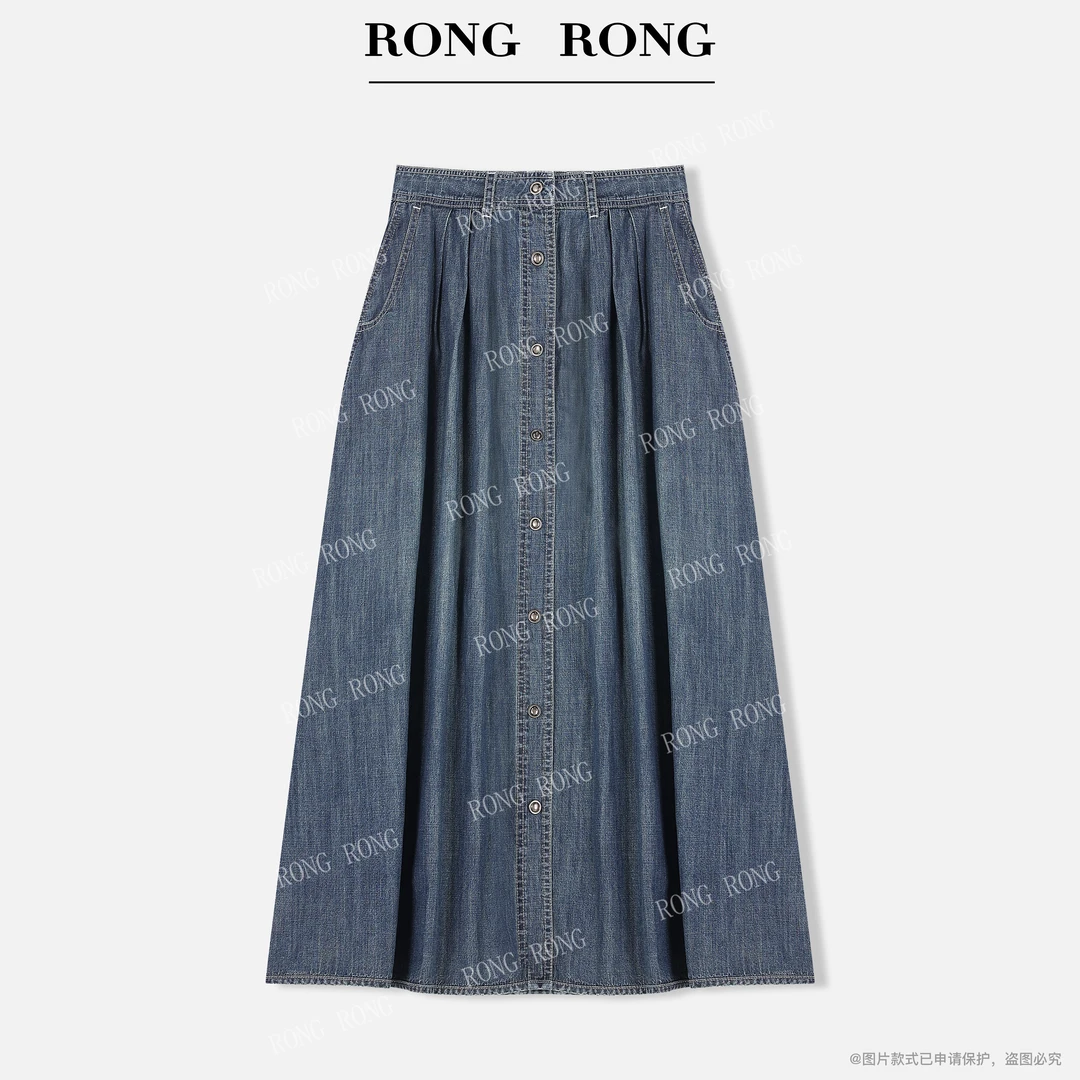 溶溶【复古季蓝】RONGRONG棉混纺洗水单排扣设计感牛仔半身裙RR5600