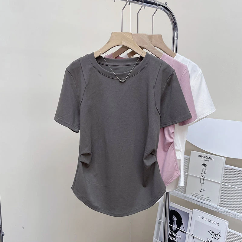 特大码200斤简约气质掐腰褶皱收腰正肩短袖t恤女夏纯欲风显瘦上衣